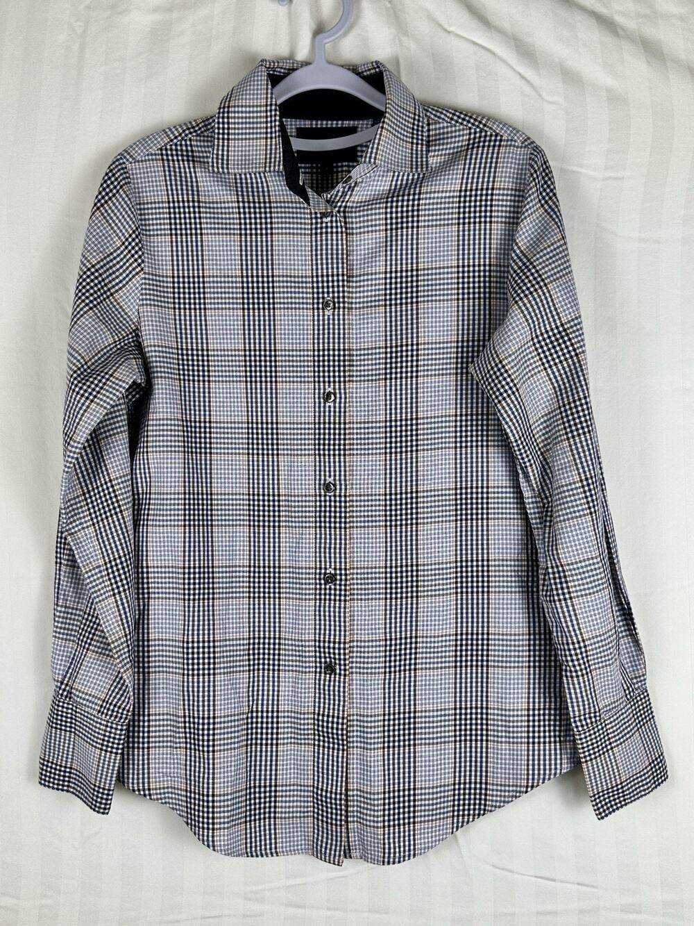 Faconnable Women’s Plaid Blouse Size 4 Small Brown Blue Button Down Shirt France